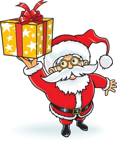 Allegro Babbo Natale che dà una confezione regalo di Natale — Vettoriale Stock