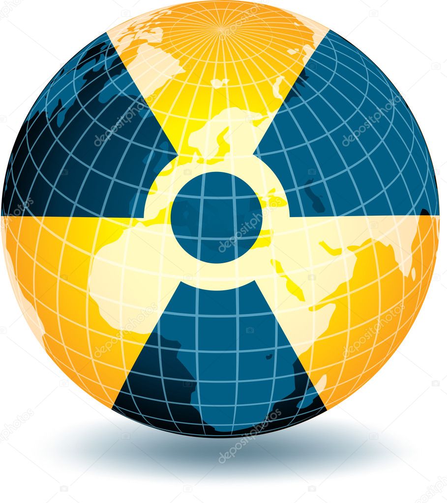 Nuclear globe illustration. Radioactive alert symbol.