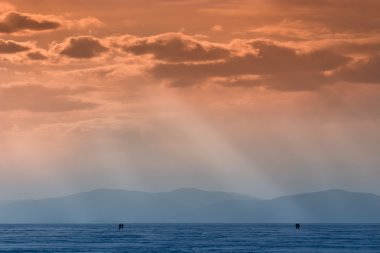 Kış crimson sunset bulvarında bir donmuş deniz