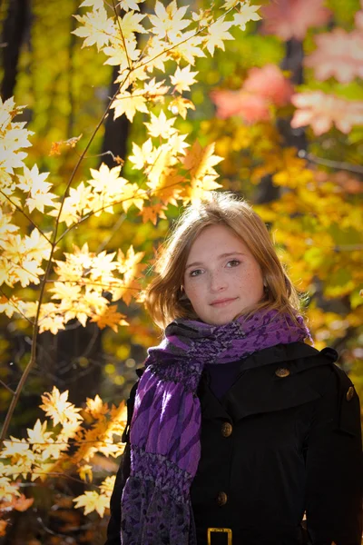 Schöne rothaarige Mädchen spaziert im Herbst im Park — Stockfoto