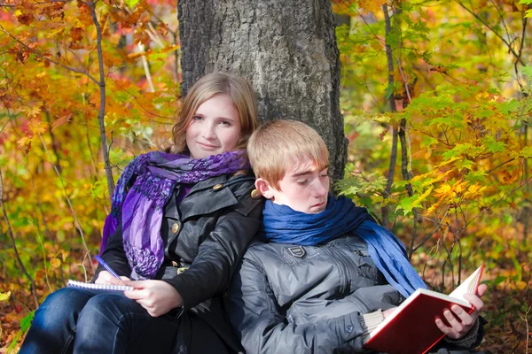Active belle fille et un gars assis dans un arbre avec des manuels — Photo