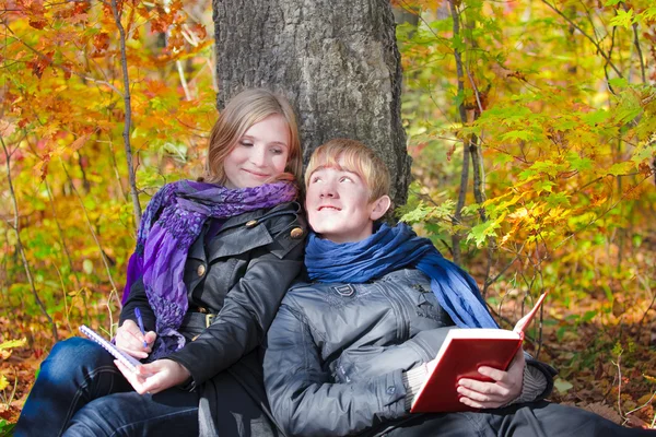 Nice girl and a guy sitting in a tree with textbooks — Stock Photo, Image