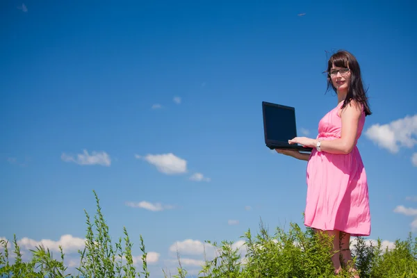 Rosa mit einem Laptop auf der Skyline — Stockfoto