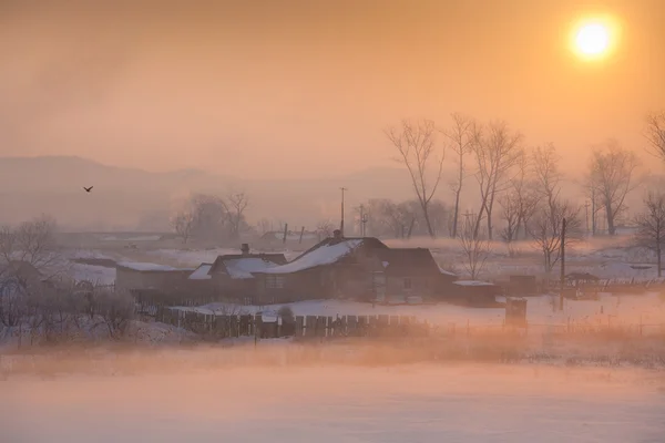 Village Houses Background Beautiful Winter Sunrise — Stock Photo, Image