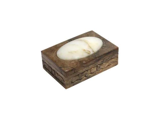 Caja de piedra con tallado para joyería aislada sobre blanco —  Fotos de Stock