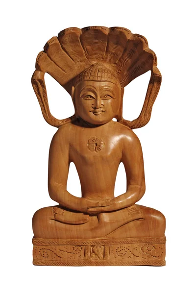 Holzbuddha-Statuette mit Lächeln auf weißem Hintergrund. Massenprofi — Stockfoto