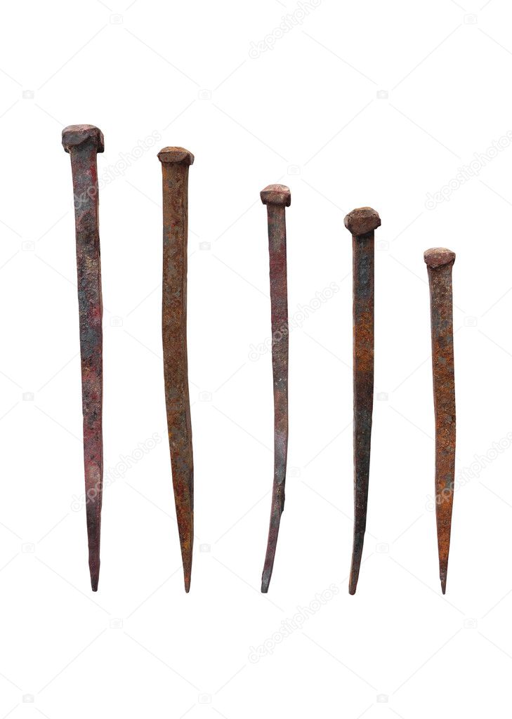 Old forged nails with rusty isolated on white background