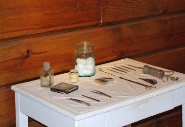 Old medical instruments of nineteenth century in public museum clipart