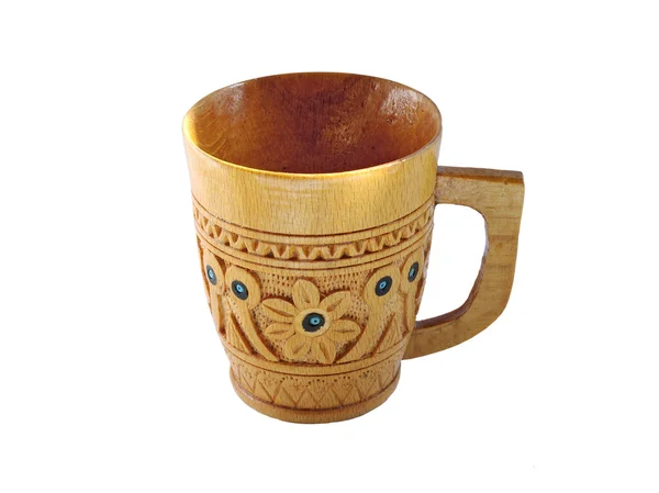 Wooden carved mug with pattern isolated on white — Stock Photo, Image