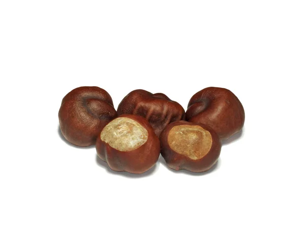 Five mellow chestnuts on white background — Stock Photo, Image