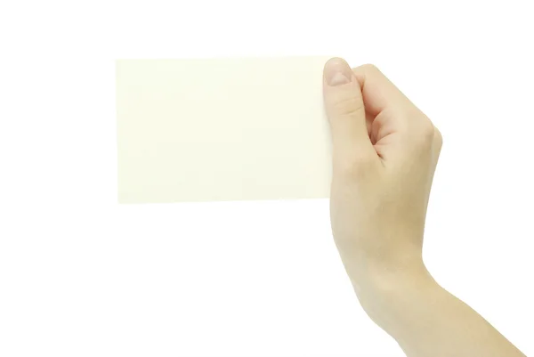 在白色背景上孤立的手中的纸卡 — 图库照片