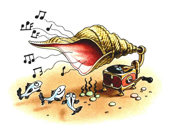 Podvodní Gramofon Hraje Hudbu Pro Ryby — Stock fotografie