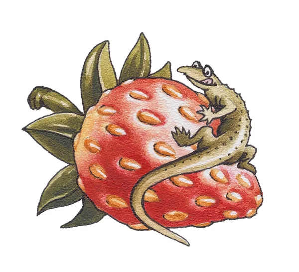 도마뱀 딸기 베리에 앉아. — 스톡 사진