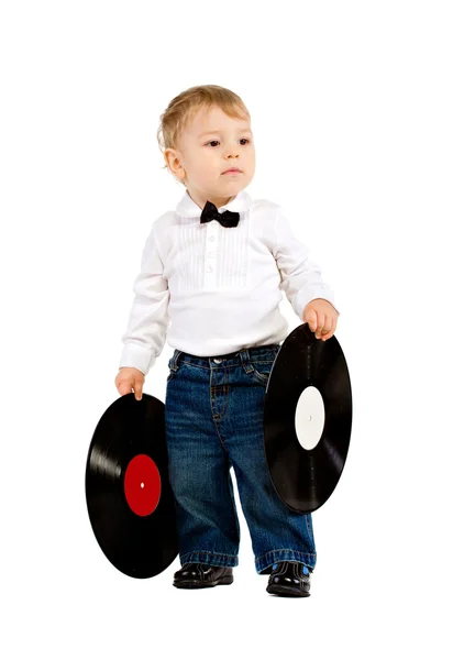 Der Kleine Junge Mit Platten Auf Weißem Schallplatten Isoliert — Stockfoto