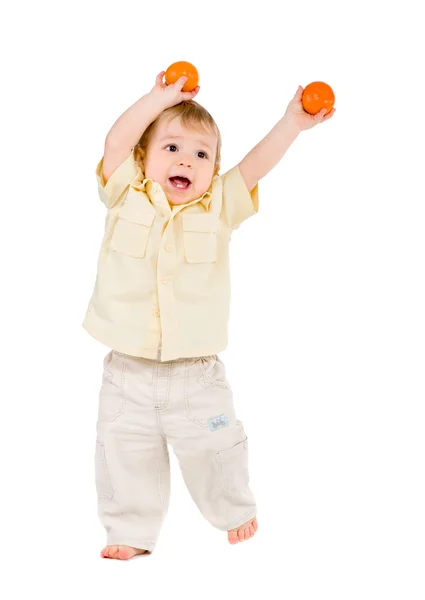 Malý Chlapec Mandarinkami Nevycházely Bílá — Stock fotografie