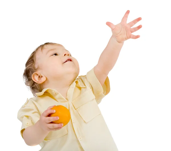 Malý Chlapec Mandarinkami Nevycházely Bílá — Stock fotografie