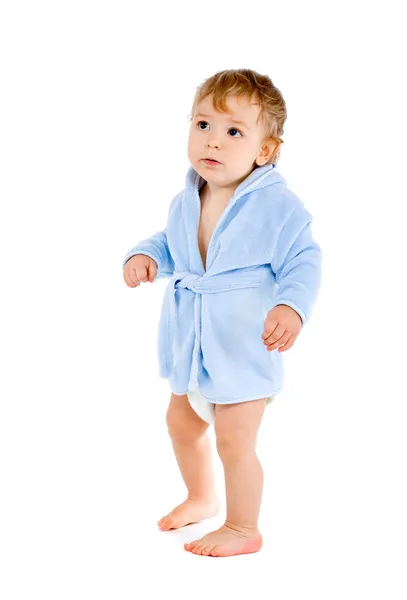 Baby in blauwe badjas — Stockfoto