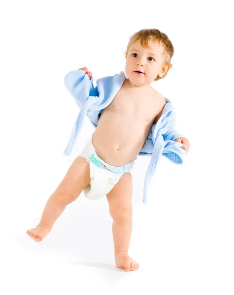 白地に青いバスローブで赤ちゃん — ストック写真
