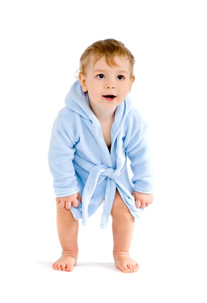 Baby Blauen Bademantel Auf Weißem Grund Stockbild
