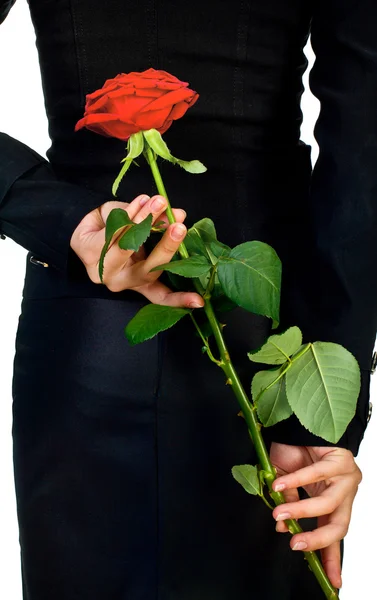 Κορίτσι με τα μαύρα με κόκκινο τριαντάφυλλο. απομονωθεί σε λευκό. — Φωτογραφία Αρχείου