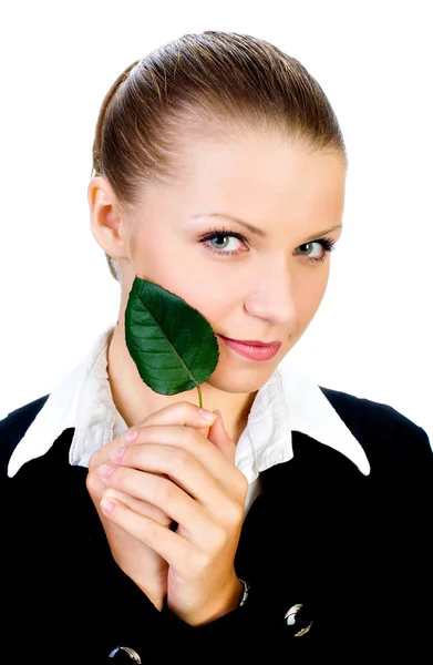 Beautiful girl with a small, green leaf. isolated — Stock Photo, Image