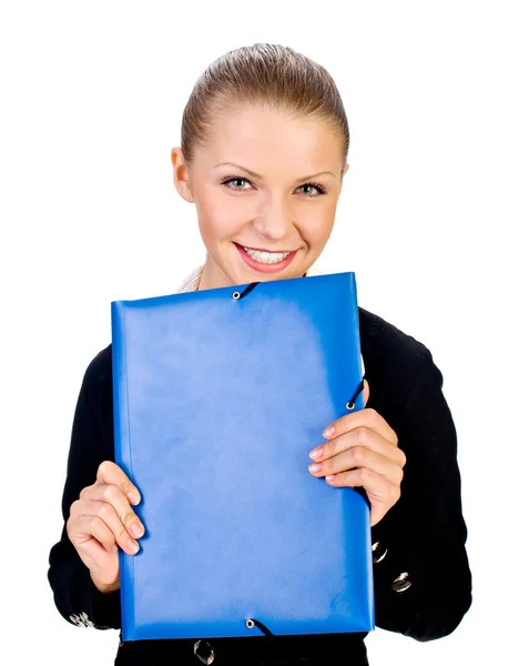 Retrato Mujer Negocios Sonriente Con Carpeta Azul — Foto de Stock