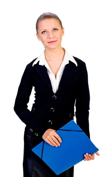 Retrato Mulher Negócios Sorridente Com Pasta Azul — Fotografia de Stock