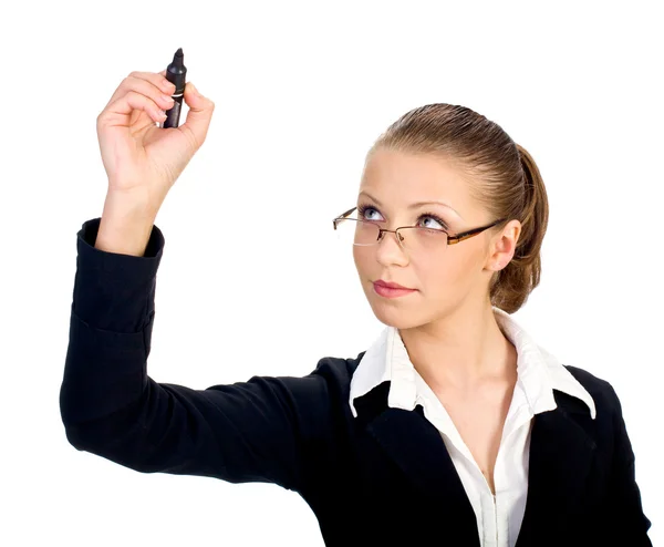 Businesswoman with pen on the screen. Isolated — Stock Photo, Image