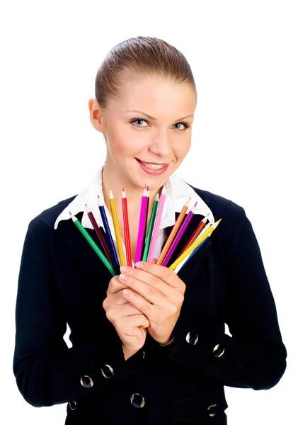Retrato Das Empresárias Beatiful Com Lápis Colorido — Fotografia de Stock