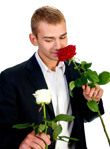 Młody Człowiek Różą Białym Tle — Zdjęcie stockowe