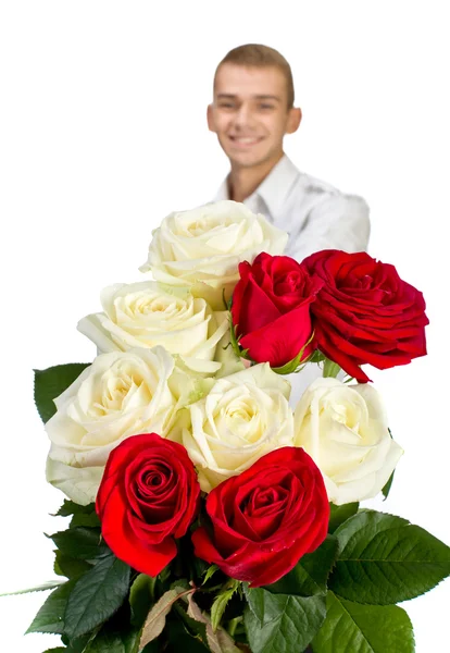 Ung Mand Med Rose Isoleret Hvid - Stock-foto