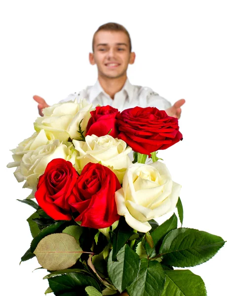 白で隔離されるバラと若い男 — ストック写真