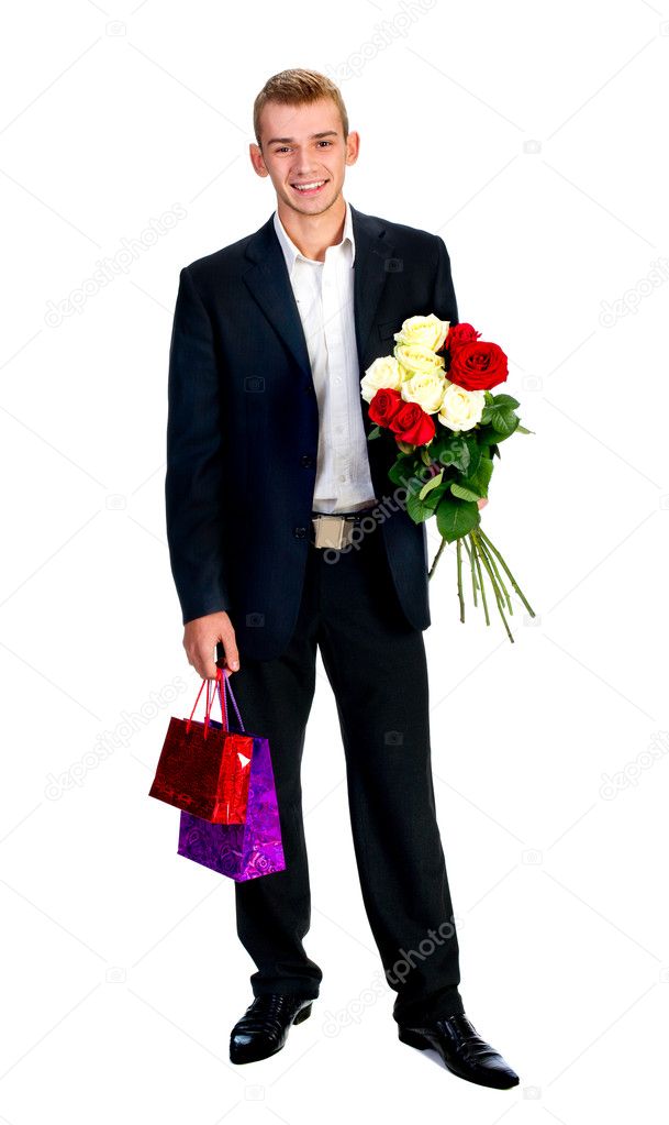 Young Man With Rose and shopping bag isolated on white