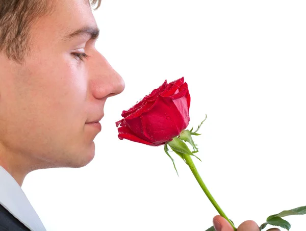 Чоловік Пахне Трояндою Ізольовані Ліцензійні Стокові Фото