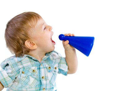 Baby boy shouting through a toy clipart