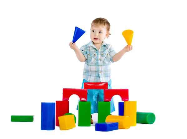 Ładny Mały Chłopiec Dziecko Kolorowych Bloków Białym Tle — Zdjęcie stockowe