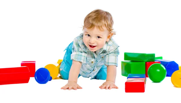 Cute little baby boy with colorful building block — Stock Photo, Image