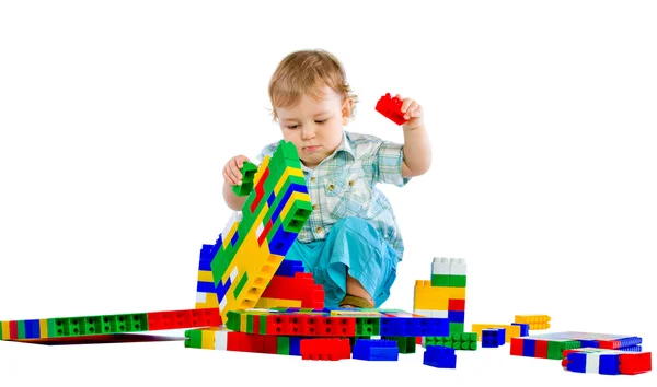 Cute Little Baby Boy Colorful Building Blocks Isolated White — Stock Photo, Image