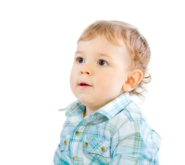 Emoção feliz bonito bebê menino sobre branco — Fotografia de Stock