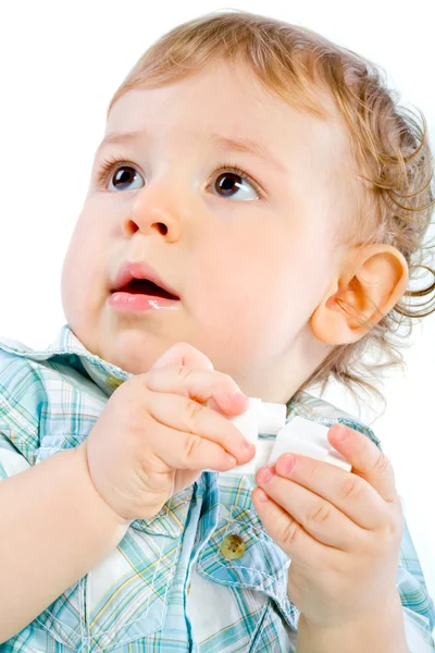 Emoção Feliz Bonito Bebê Menino Sobre Branco Isolado — Fotografia de Stock
