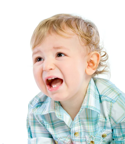 Emotie gelukkig schattige babyjongen over Wit — Stockfoto