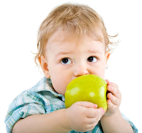 Beautiful Baby Boy Eats Green Apple Closeup Portrait Isolated — Stock Photo, Image