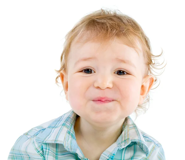 Emoção feliz bonito bebê menino sobre branco — Fotografia de Stock