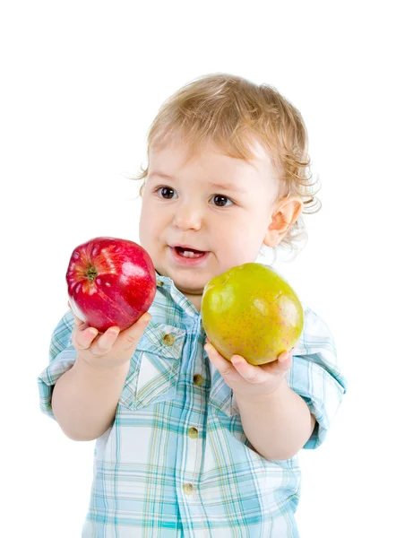 Krásné Miminko Chlapce Hrát Zelená Červená Jablka Detailní Portrét Samostatný — Stock fotografie