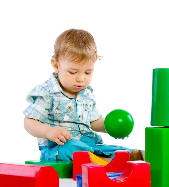 Cute Little Baby Boy Colorful Building Blocks Isolated White — Stock Photo, Image