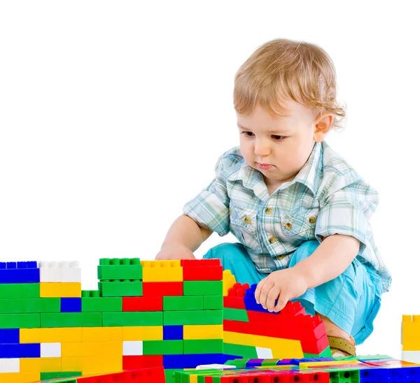 Söt Liten Pojke Med Färgglada Byggklossar Isolerad Vit — Stockfoto