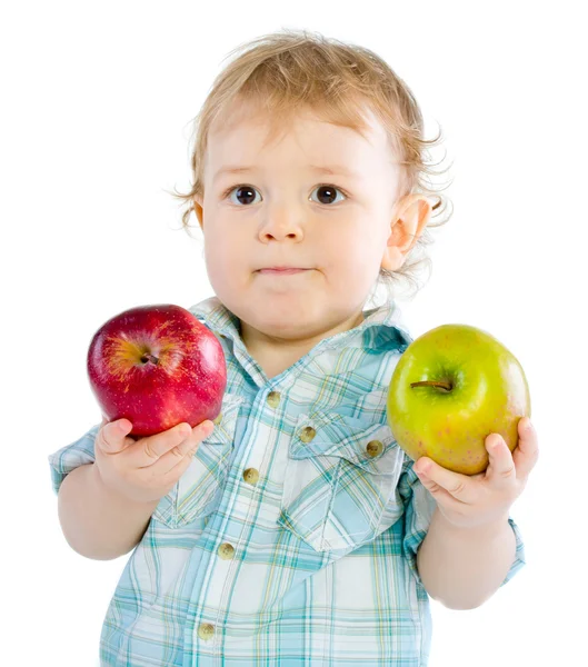 Piękne Dziecko Chłopiec Grać Jabłka Zielone Czerwone Zbliżenie Portret Białym Zdjęcie Stockowe