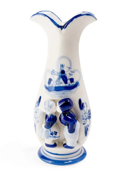 Izolované Modro Bílá Porcelánová Váza Postavy Dětí Kteří Líbají — Stock fotografie