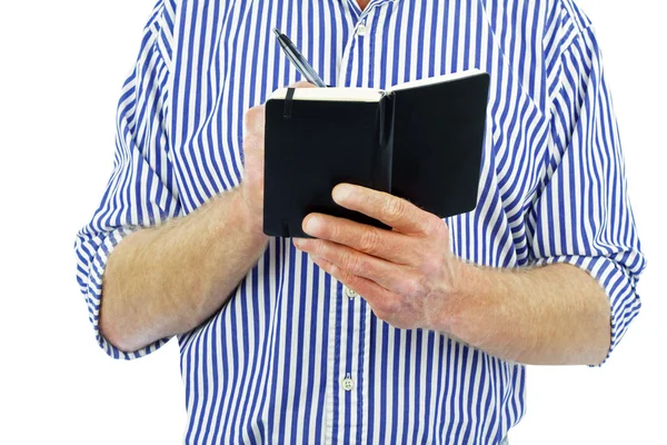 Man Seen Neck Waist Holding Pen Black Book Setting Clients — Stock Photo, Image