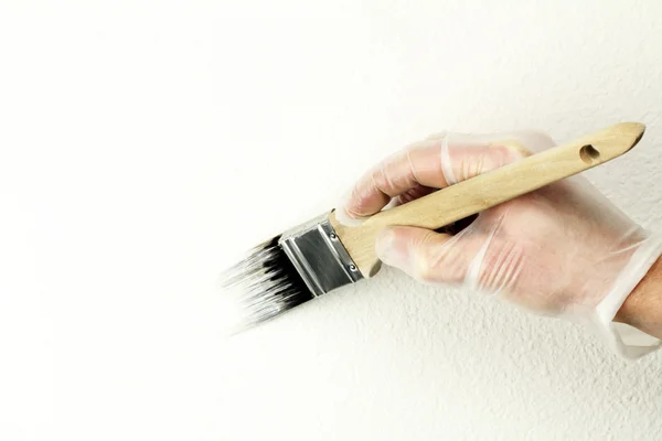 Home Touch Painting White Paint Wall One Half Inch Brush — Stock Photo, Image